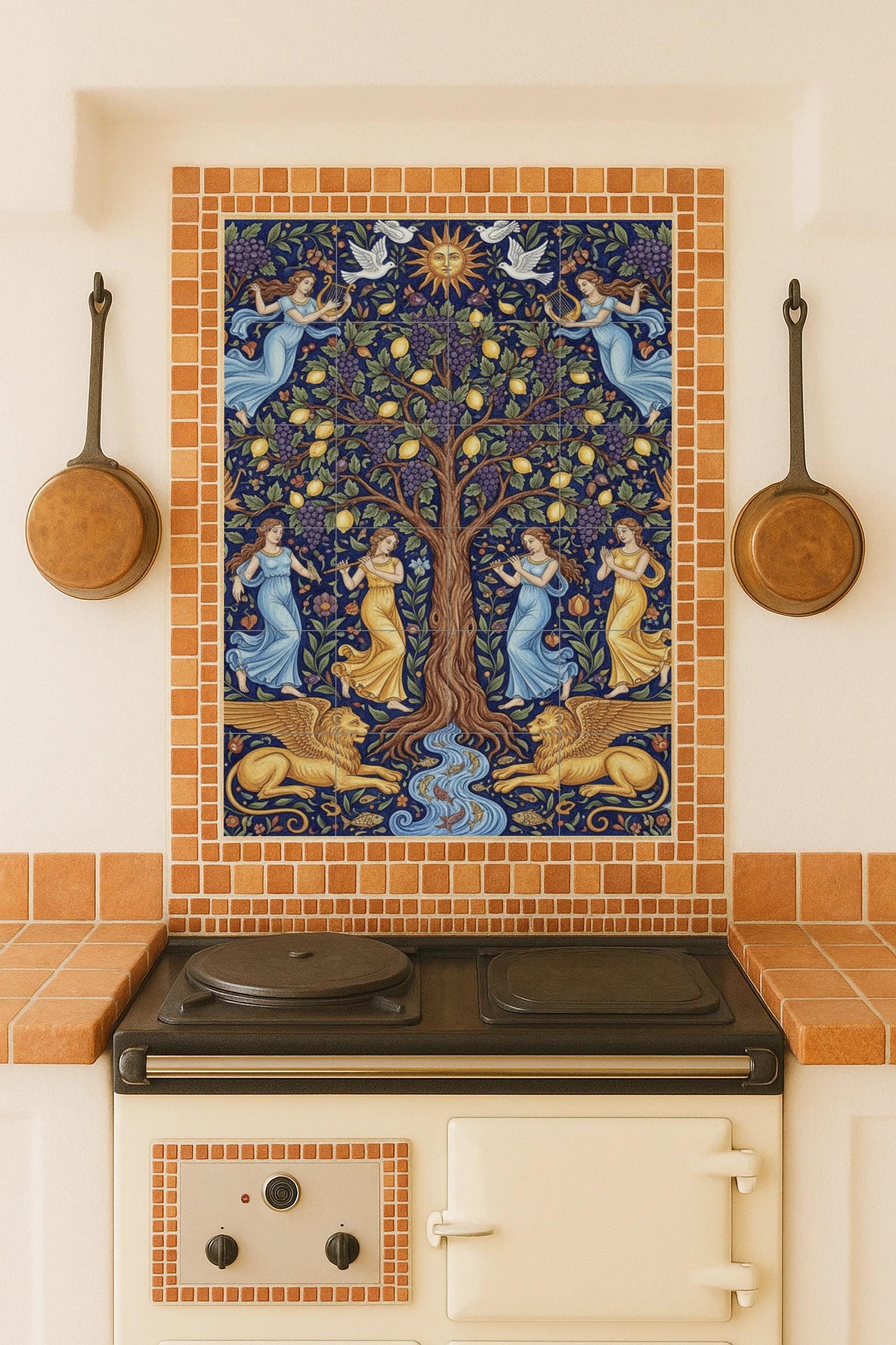Tree of Life – Renaissance ceramic mural with angels, griffins and solar symbol / Artistic tiles inspired by nature and myth