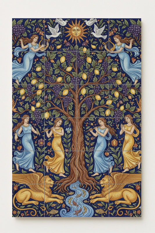 Tree of Life – Renaissance ceramic mural with angels, griffins and solar symbol / Artistic tiles inspired by nature and myth
