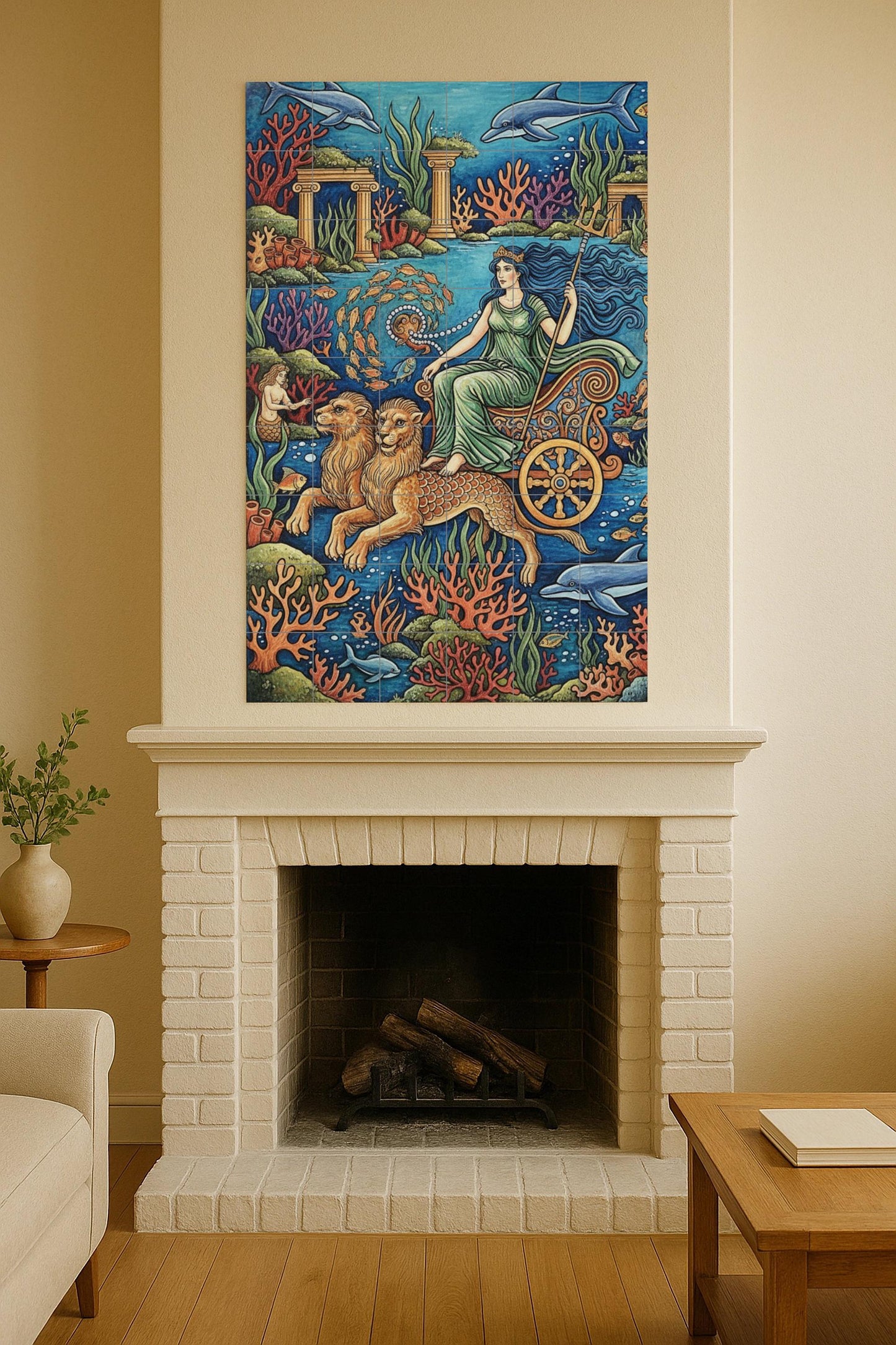 Ceramic mural of Amphitrite, goddess of the sea / Greek mythology tile panel / Mediterranean wall decoration handmade in Spain