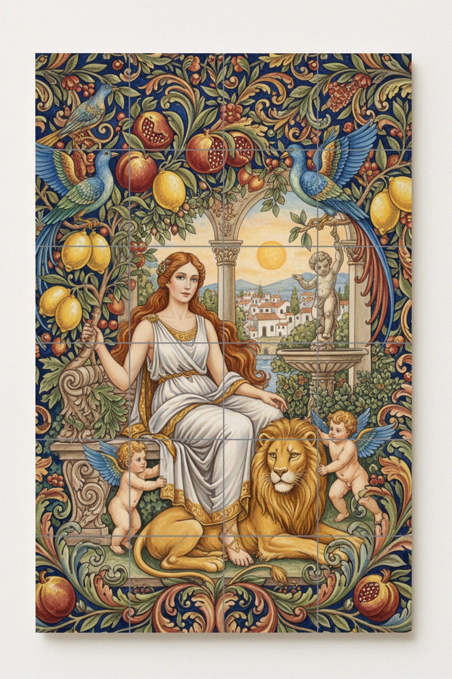Ceramic mural of the Goddess of Harmony, Greek myth, classic tile panel, Mediterranean wall decoration, handmade in Spain.