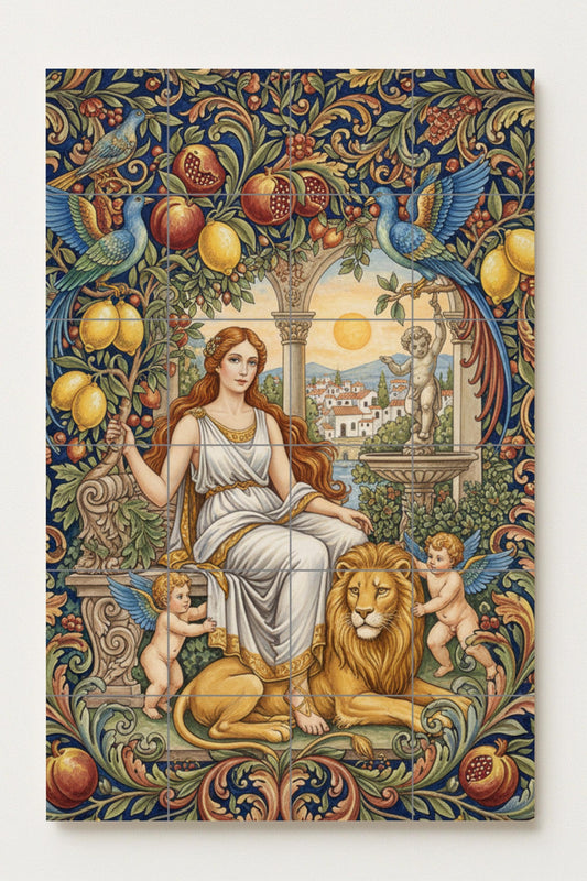 Ceramic mural of the Goddess of Harmony, Greek myth, classic tile panel, Mediterranean wall decoration, handmade in Spain.