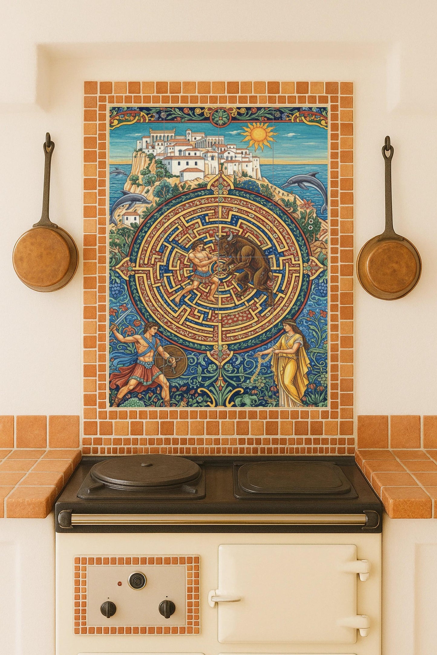Theseus and the Minotaur – Ceramic mural from Greek mythology / Labyrinthine tile panel / Mediterranean wall decoration. Handmade in Spain.
