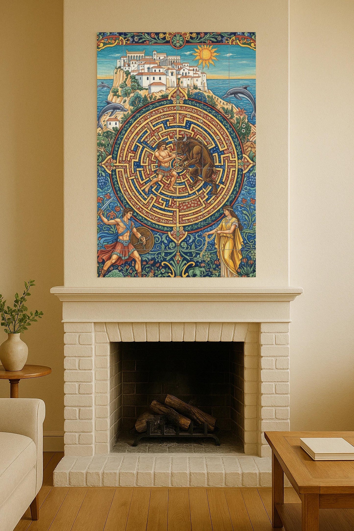 Theseus and the Minotaur – Ceramic mural from Greek mythology / Labyrinthine tile panel / Mediterranean wall decoration. Handmade in Spain.