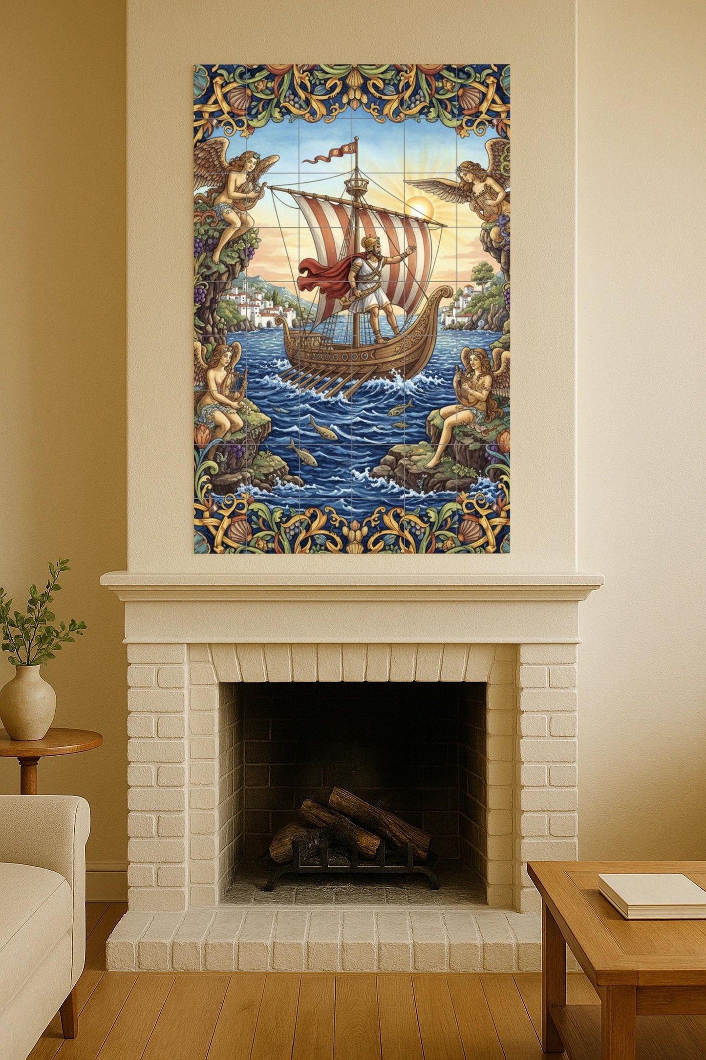 Odysseus and the Sirens – Classic Greek Ceramic Mural / Mythological Tile Panel / Handmade Mediterranean Wall Decor from Spain