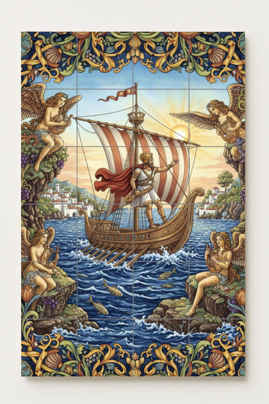 Odysseus and the Sirens – Classic Greek Ceramic Mural / Mythological Tile Panel / Handmade Mediterranean Wall Decor from Spain