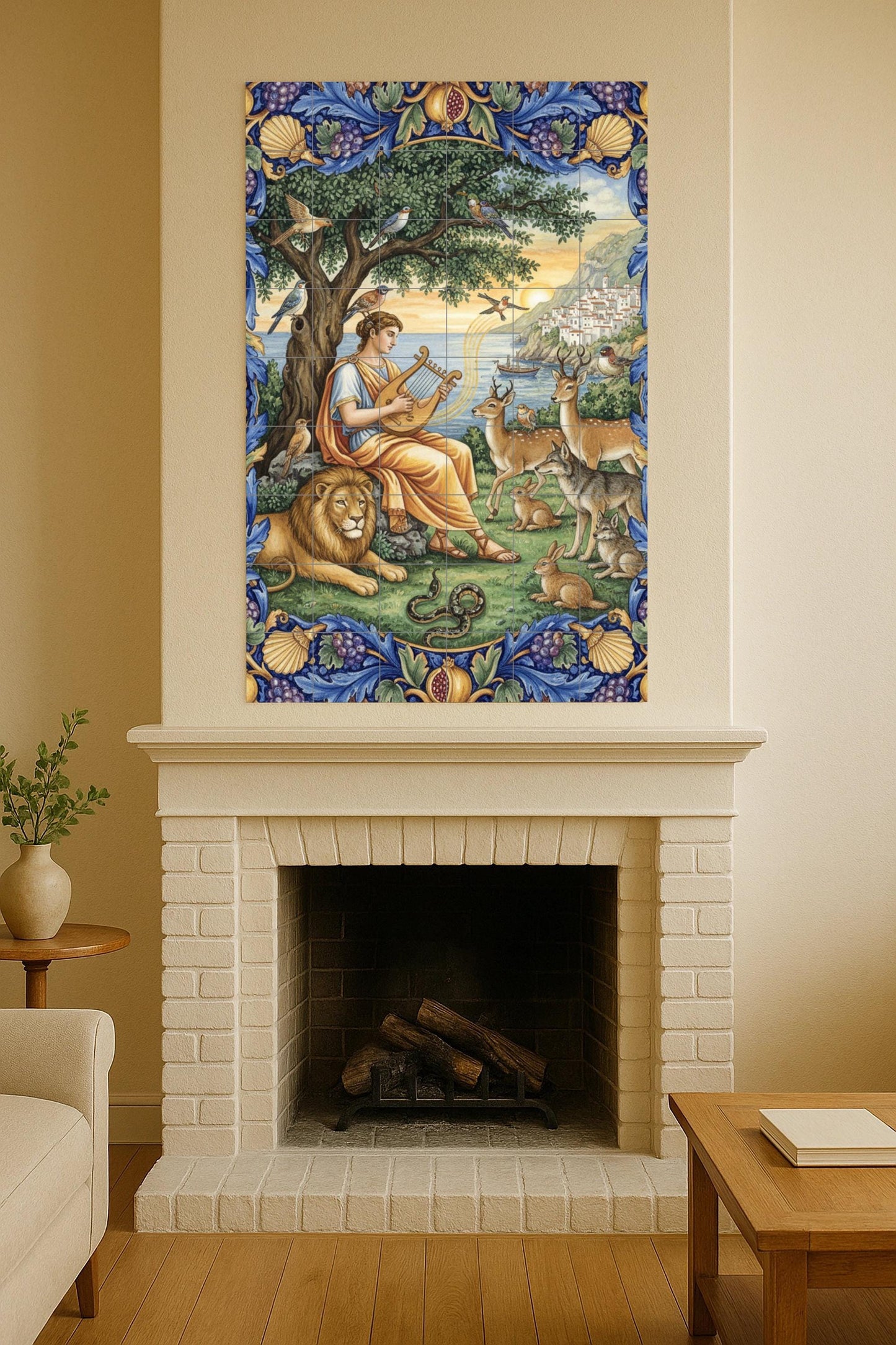 Orpheus and the Animals – Ceramic mural of Greek mythology / Classic tile panel / Mediterranean nature decoration. Handmade in Spain.