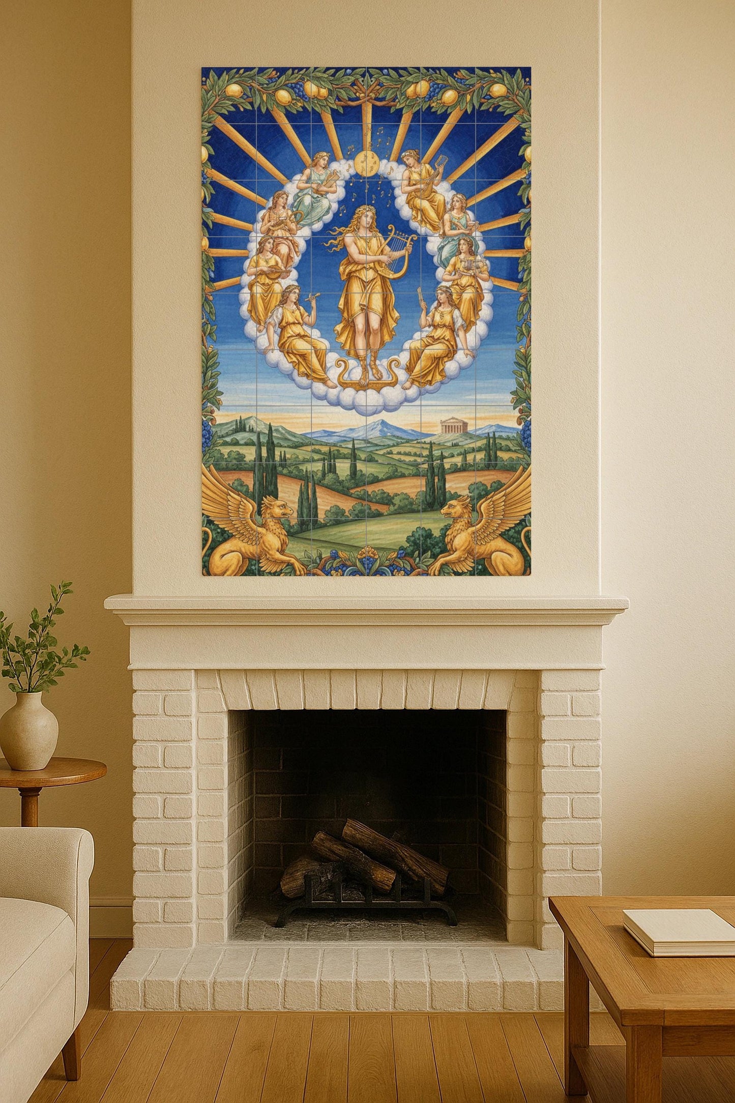 Ceramic mural "Apollo and the Muses" from Greek mythology / Classic tile panel / Mediterranean wall decoration. Handmade in Spain.