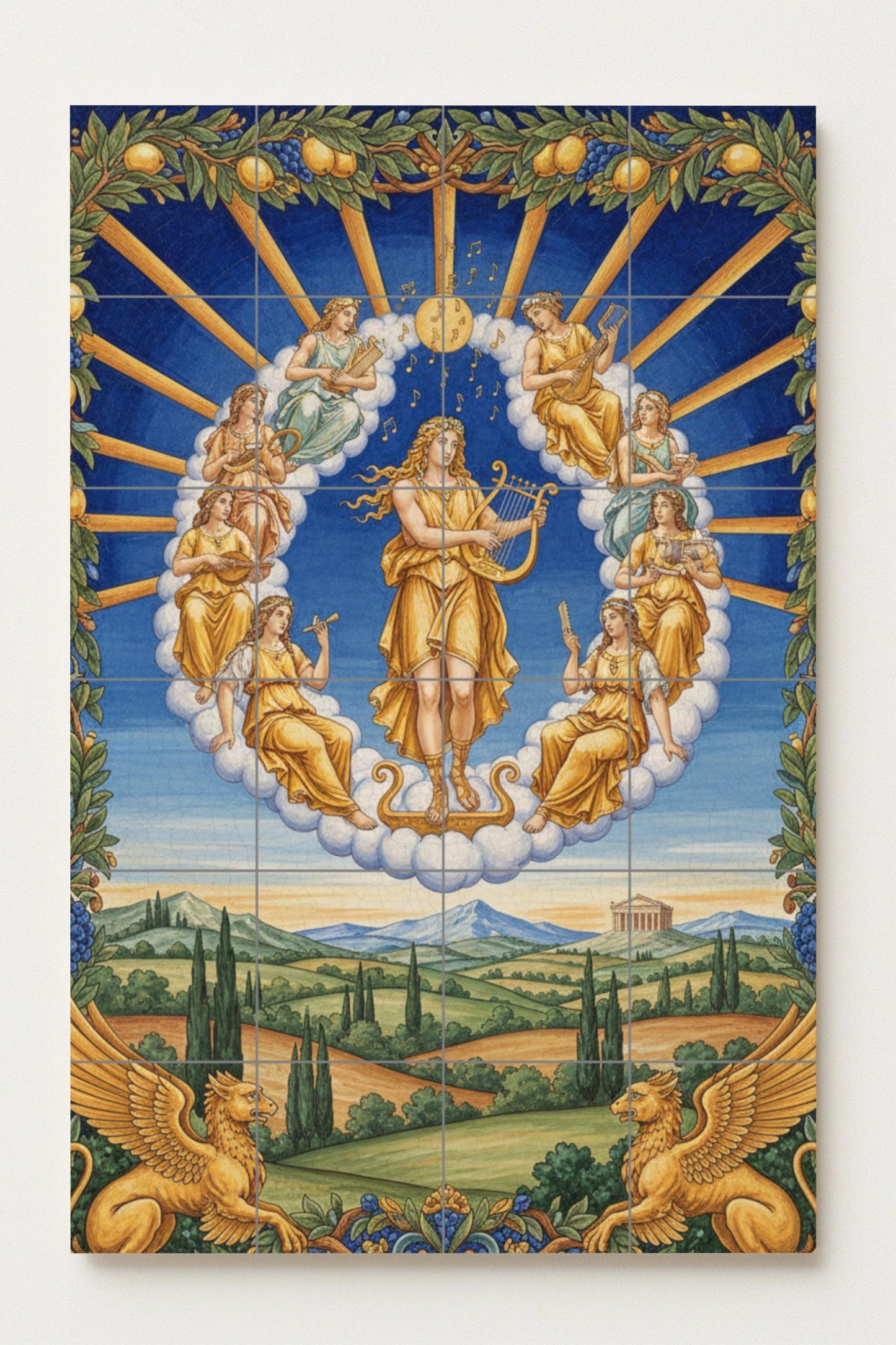 Ceramic mural "Apollo and the Muses" from Greek mythology / Classic tile panel / Mediterranean wall decoration. Handmade in Spain.