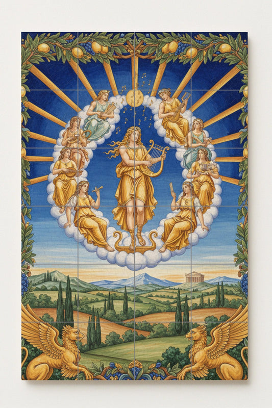 Ceramic mural "Apollo and the Muses" from Greek mythology / Classic tile panel / Mediterranean wall decoration. Handmade in Spain.
