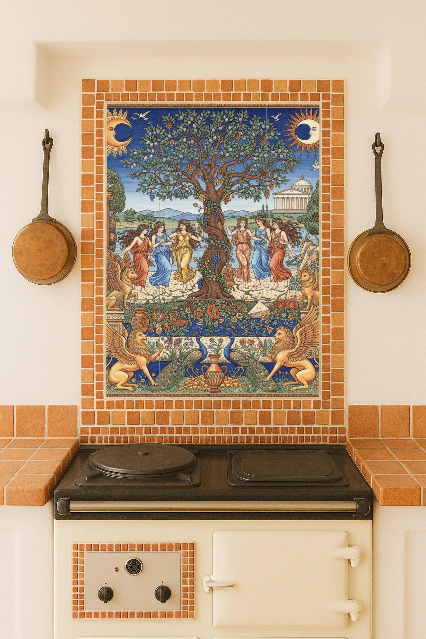 The Garden of the Hesperides – Ceramic mural of Greek mythology / Classic tile panel / Mediterranean wall decoration handmade in Spain