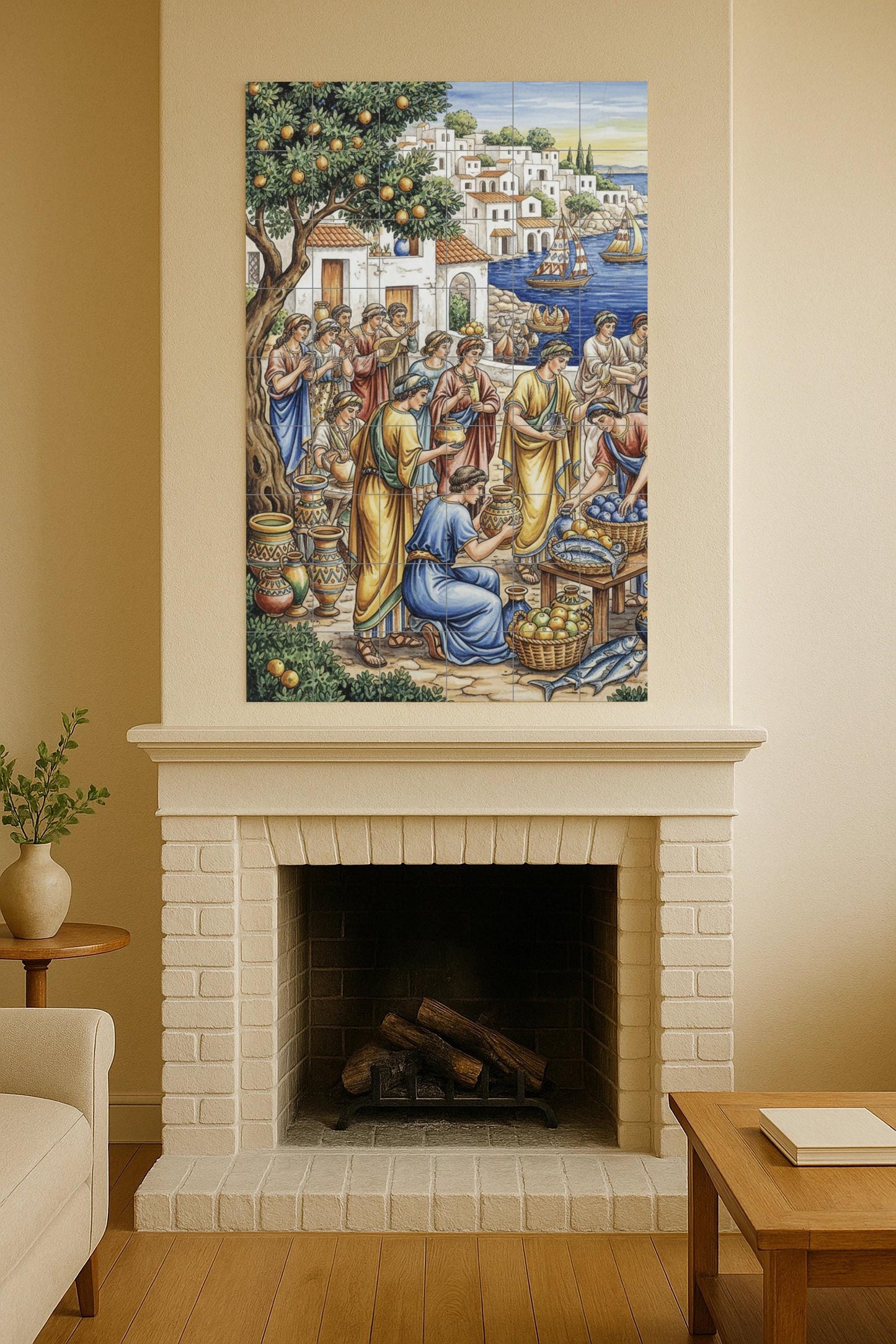 Ancient Greek market scene: ceramic mural / Mediterranean village tile panel / Classic wall decoration handmade in Spain