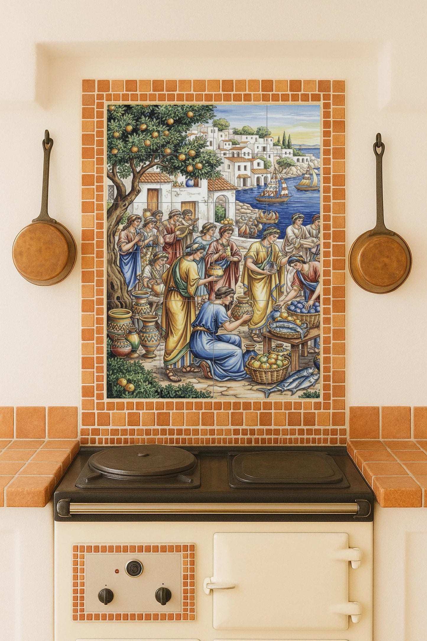 Ancient Greek market scene: ceramic mural / Mediterranean village tile panel / Classic wall decoration handmade in Spain