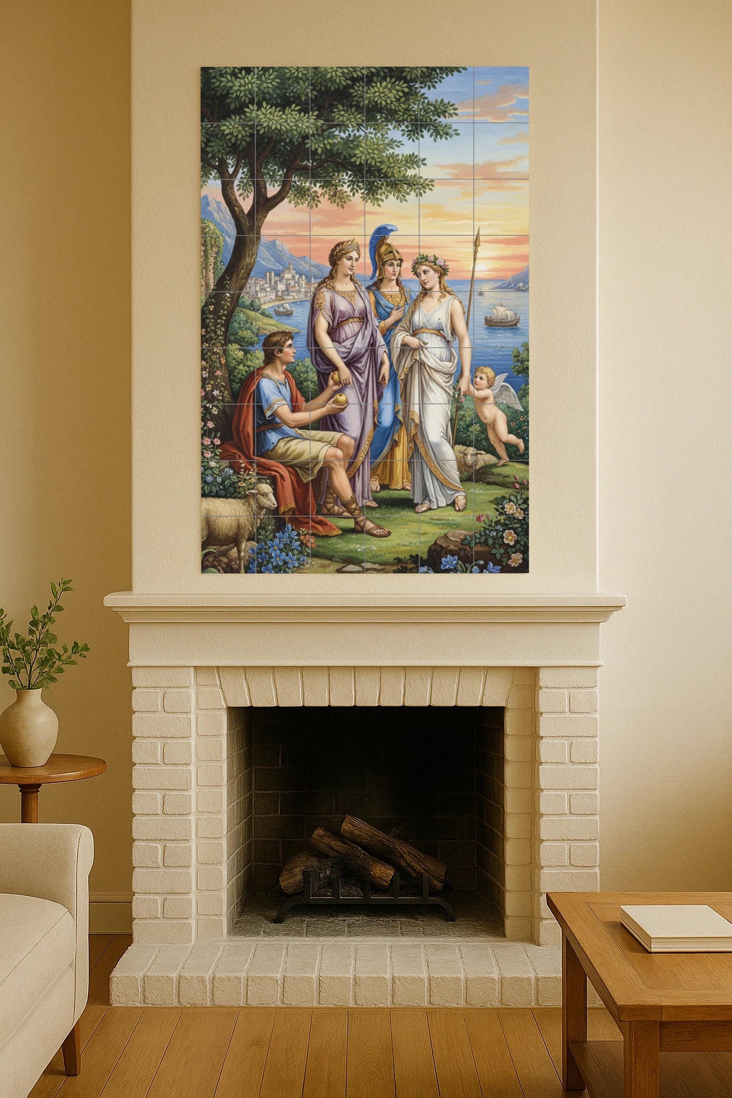 The Judgment of Paris – Classical Greek Ceramic Mural / Mythological Tile Wall Art / Handmade Mediterranean Wall Decor