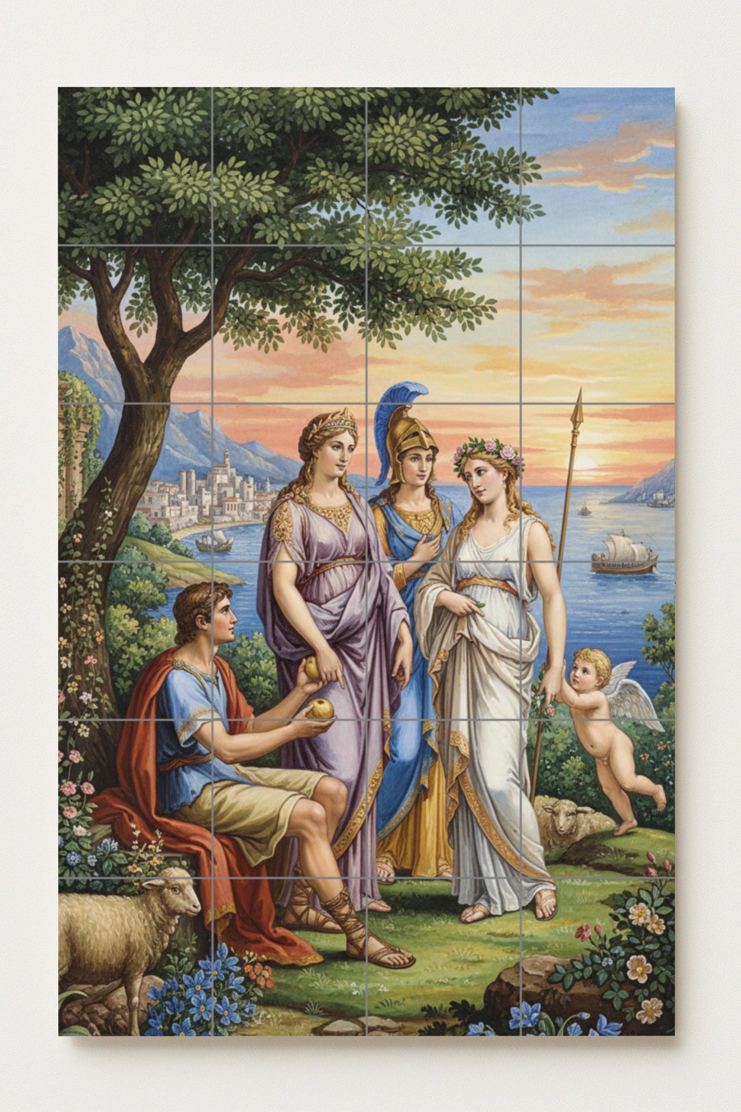 The Judgment of Paris – Classical Greek Ceramic Mural / Mythological Tile Wall Art / Handmade Mediterranean Wall Decor
