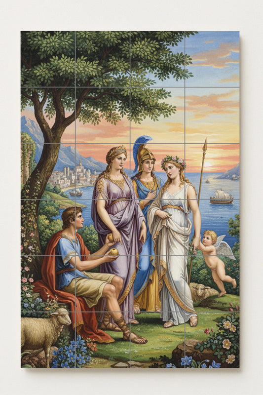 The Judgment of Paris – Classical Greek Ceramic Mural / Mythological Tile Wall Art / Handmade Mediterranean Wall Decor