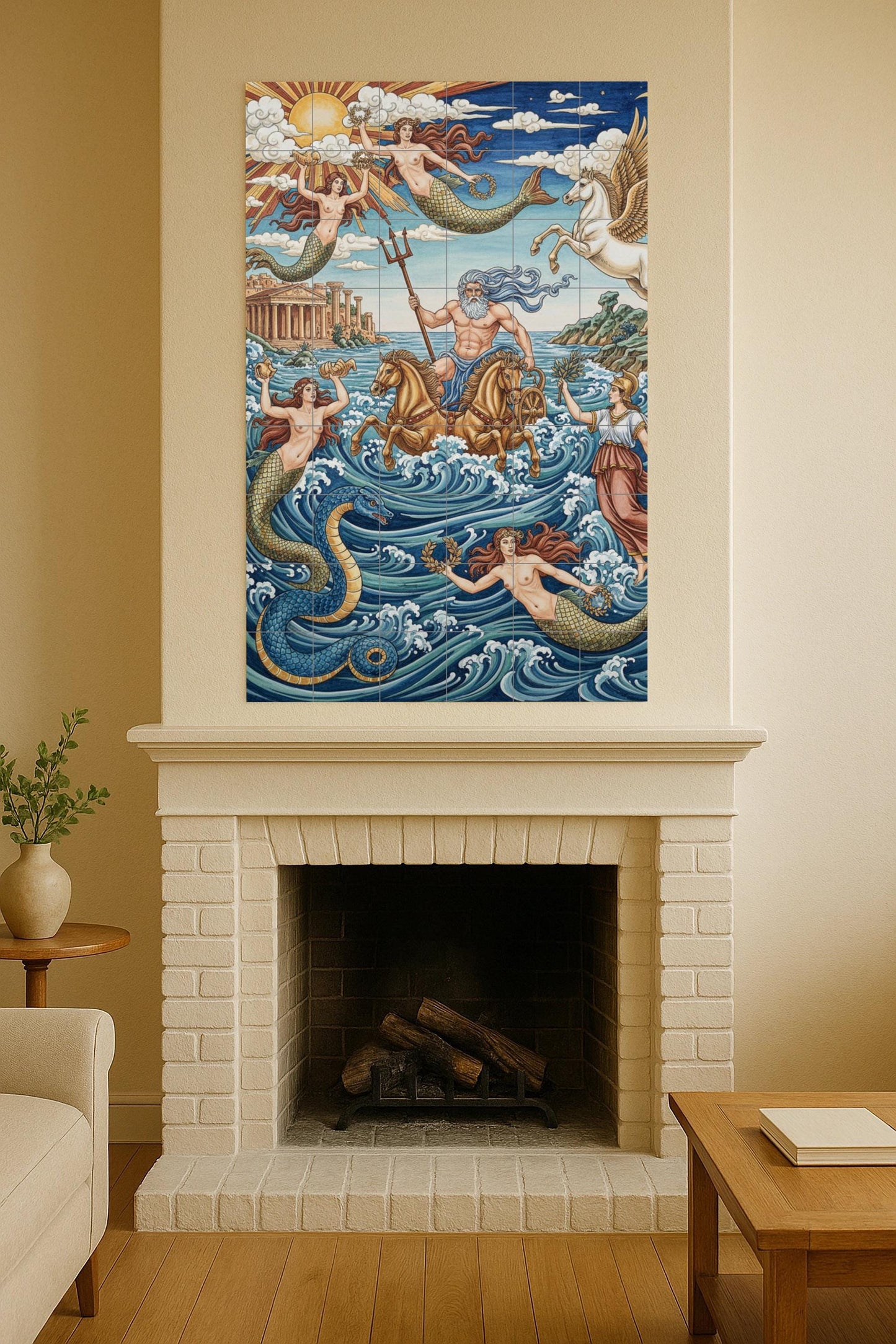Poseidon and the Sea Nymphs – Ceramic Mural of Greek Mythology with Pegasus and the Temple of the Sun