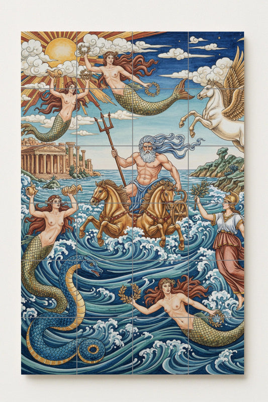 Poseidon and the Sea Nymphs – Ceramic Mural of Greek Mythology with Pegasus and the Temple of the Sun