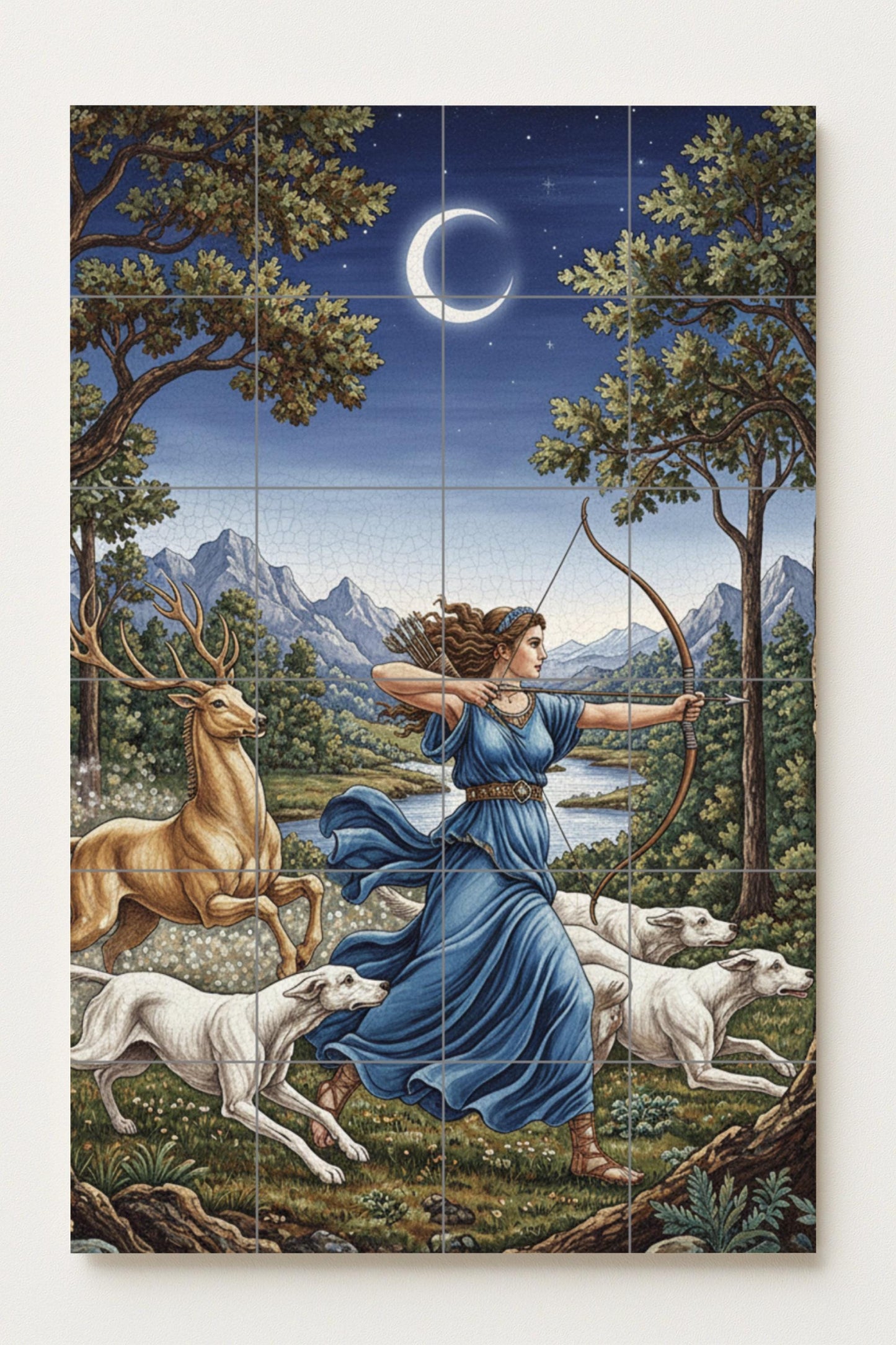 Ceramic mural of Artemis the Huntress, Greek goddess of the Moon, with deer and hounds under a crescent sky.