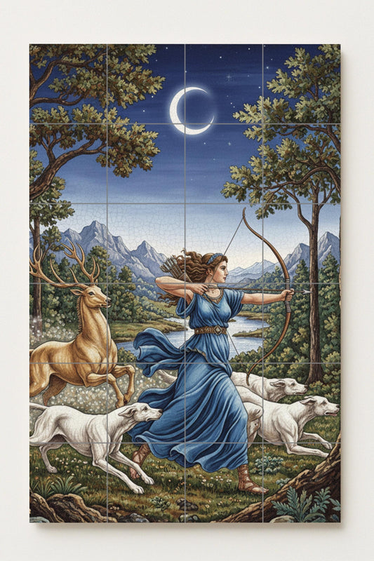 Ceramic mural of Artemis the Huntress, Greek goddess of the Moon, with deer and hounds under a crescent sky.