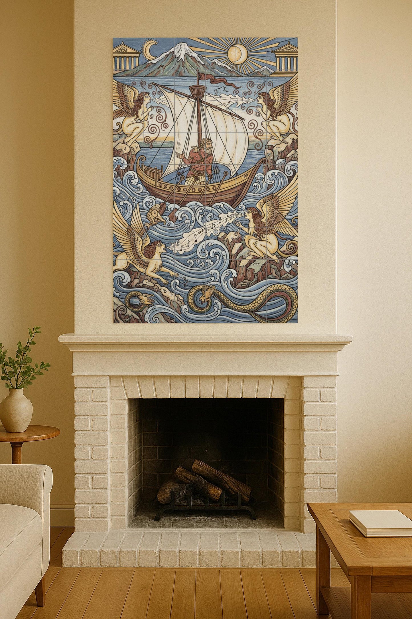 Odysseus and the Sirens: Greek ceramic mural with mythical sea, temples and winged creatures