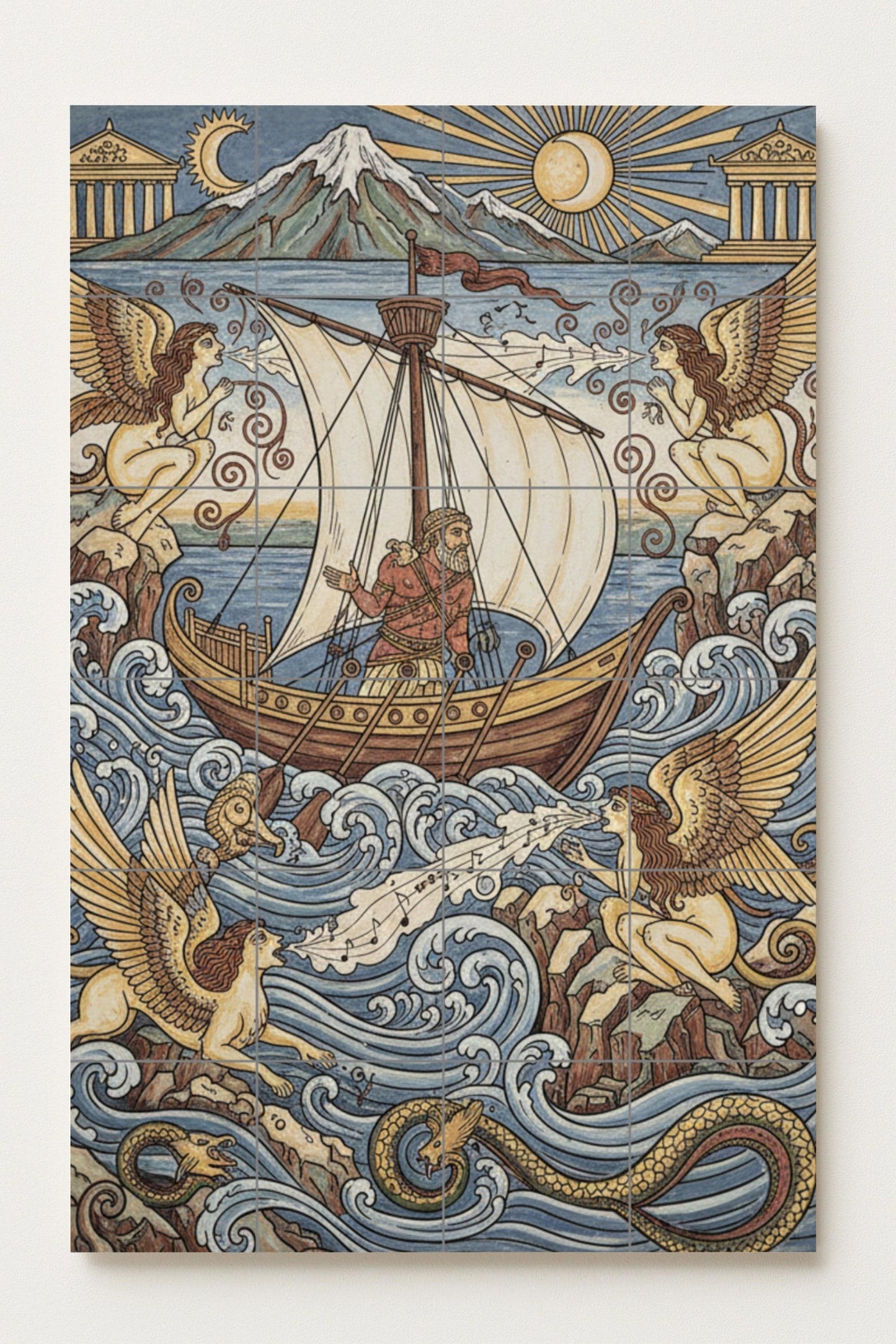 Odysseus and the Sirens: Greek ceramic mural with mythical sea, temples and winged creatures
