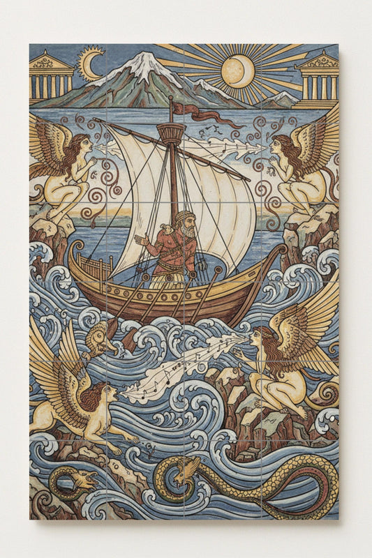 Odysseus and the Sirens: Greek ceramic mural with mythical sea, temples and winged creatures