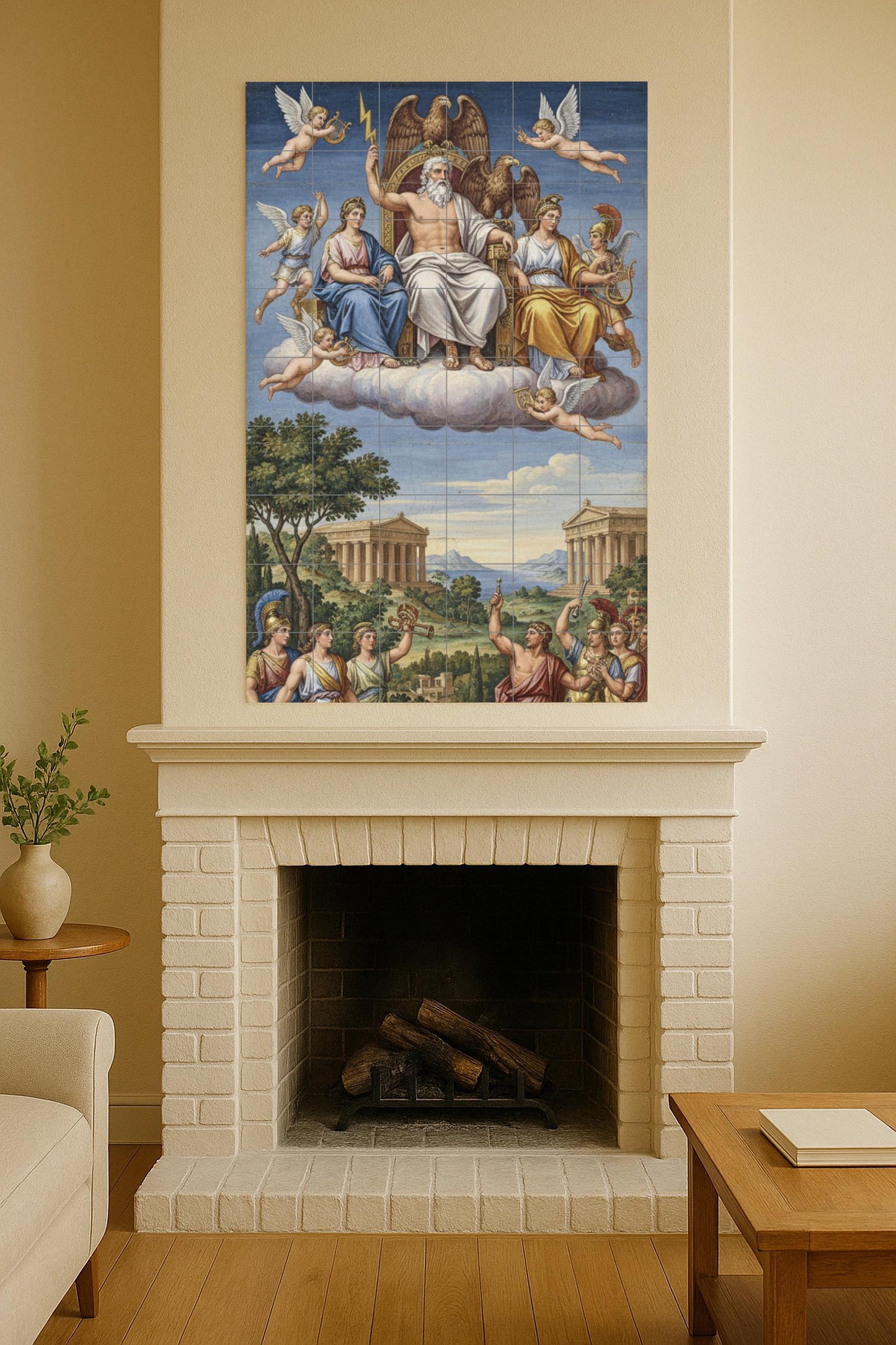 Throne of Olympus: Zeus and the gods. Greek ceramic mural with Athena, Hera and cherubim above classical temples.