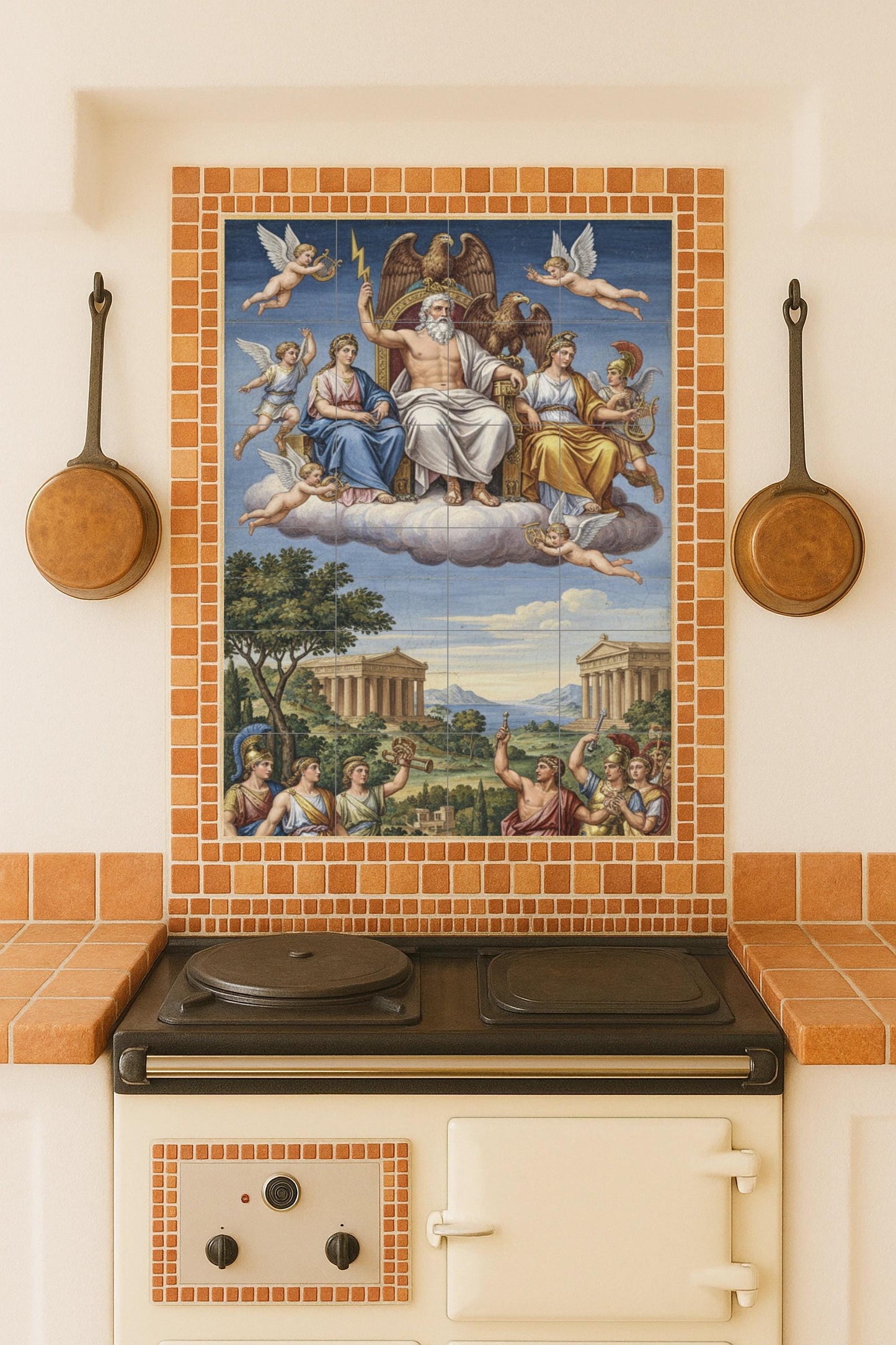 Throne of Olympus: Zeus and the gods. Greek ceramic mural with Athena, Hera and cherubim above classical temples.