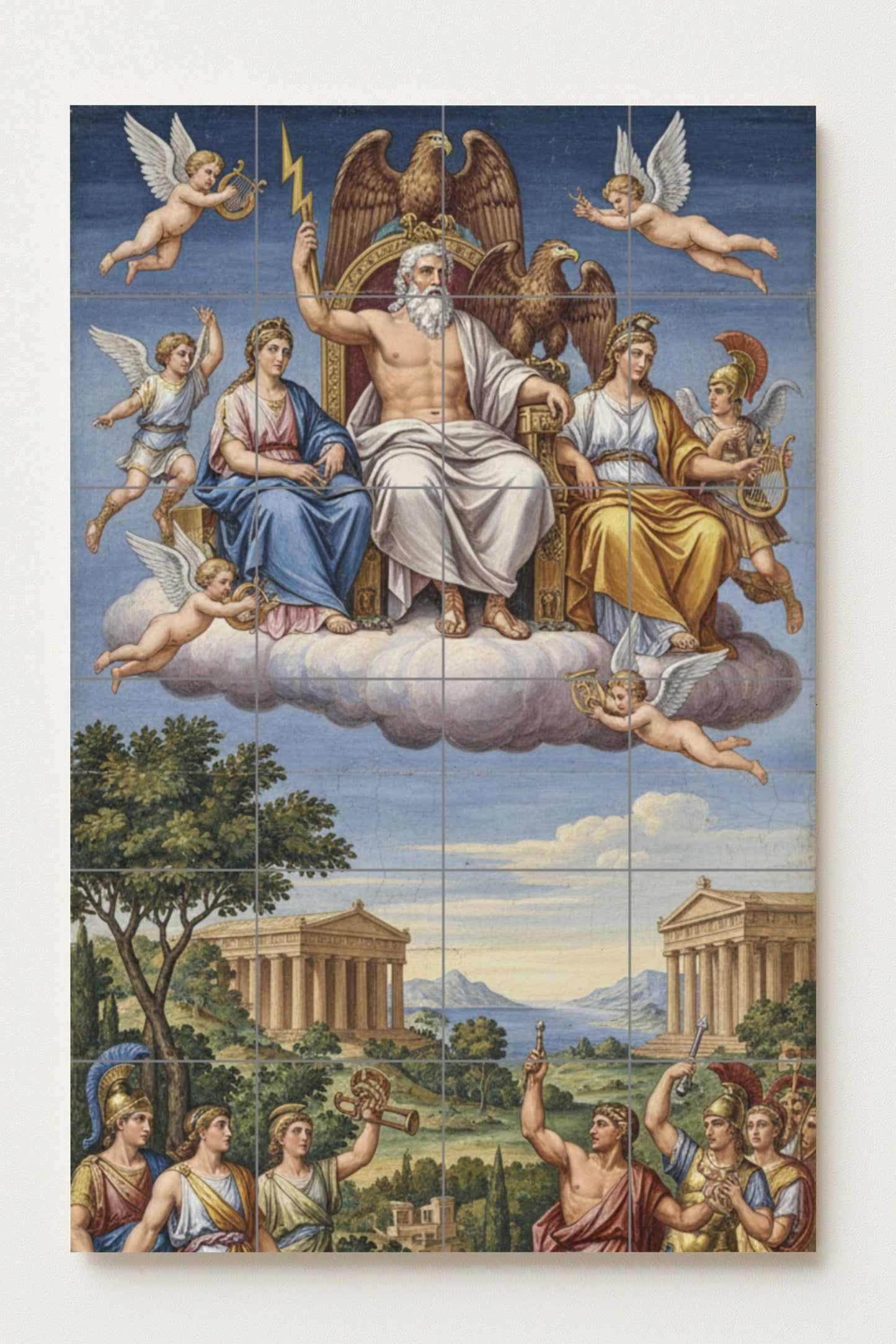 Throne of Olympus: Zeus and the gods. Greek ceramic mural with Athena, Hera and cherubim above classical temples.