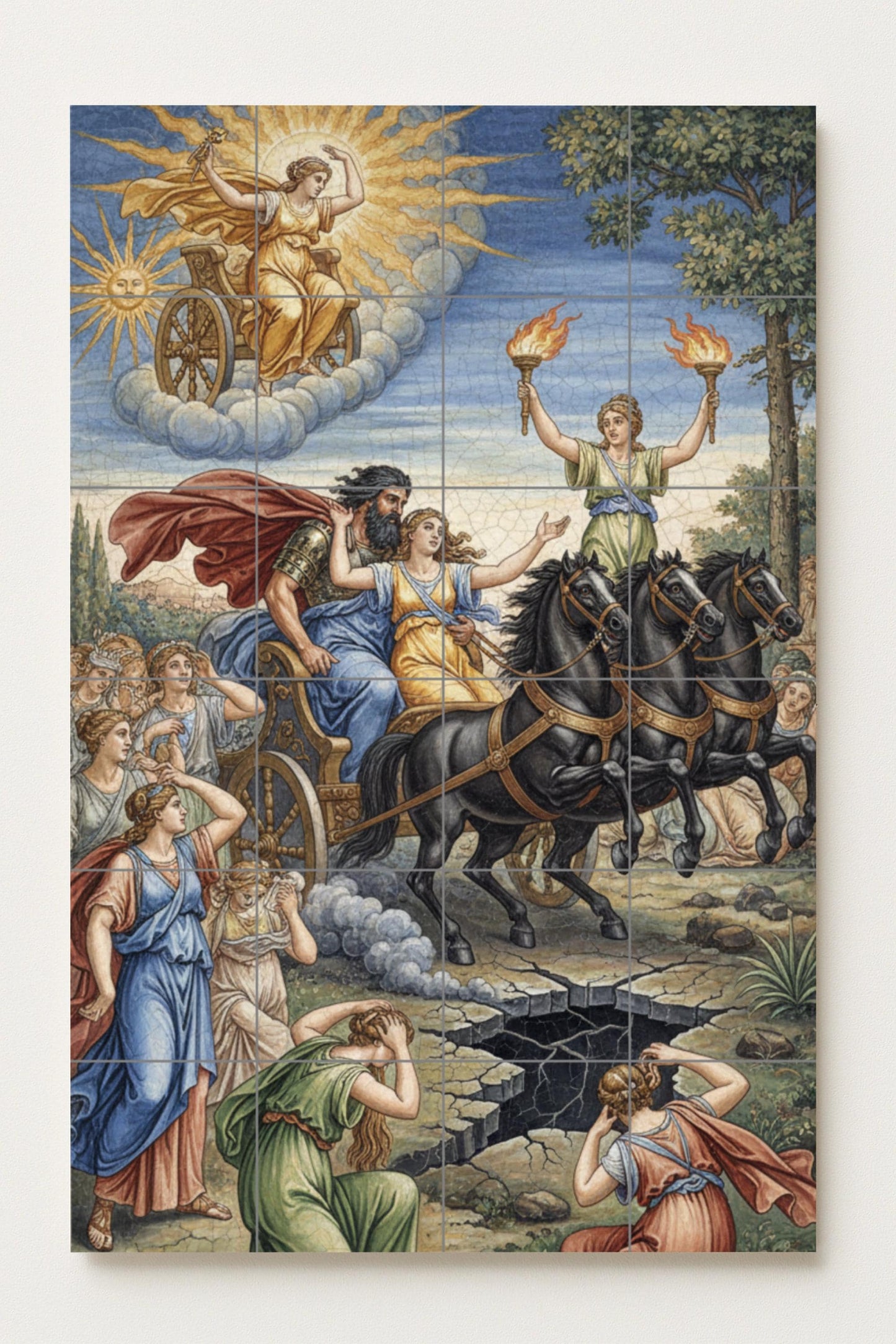 The Abduction of Persephone – Ceramic mural from Greek mythology featuring Hades, Demeter and the chariot of the underworld