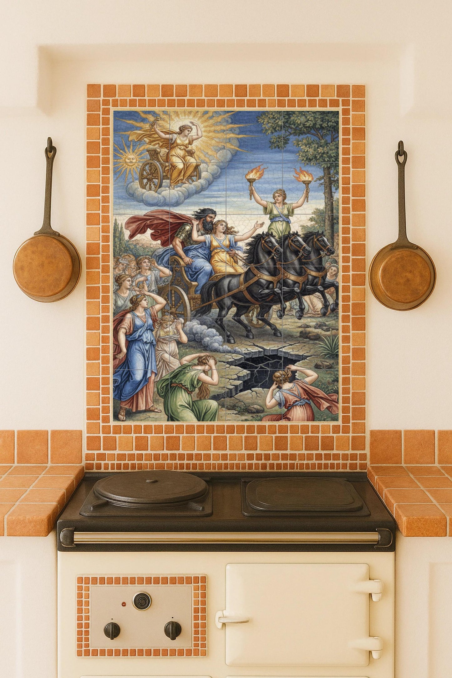 The Abduction of Persephone – Ceramic mural from Greek mythology featuring Hades, Demeter and the chariot of the underworld