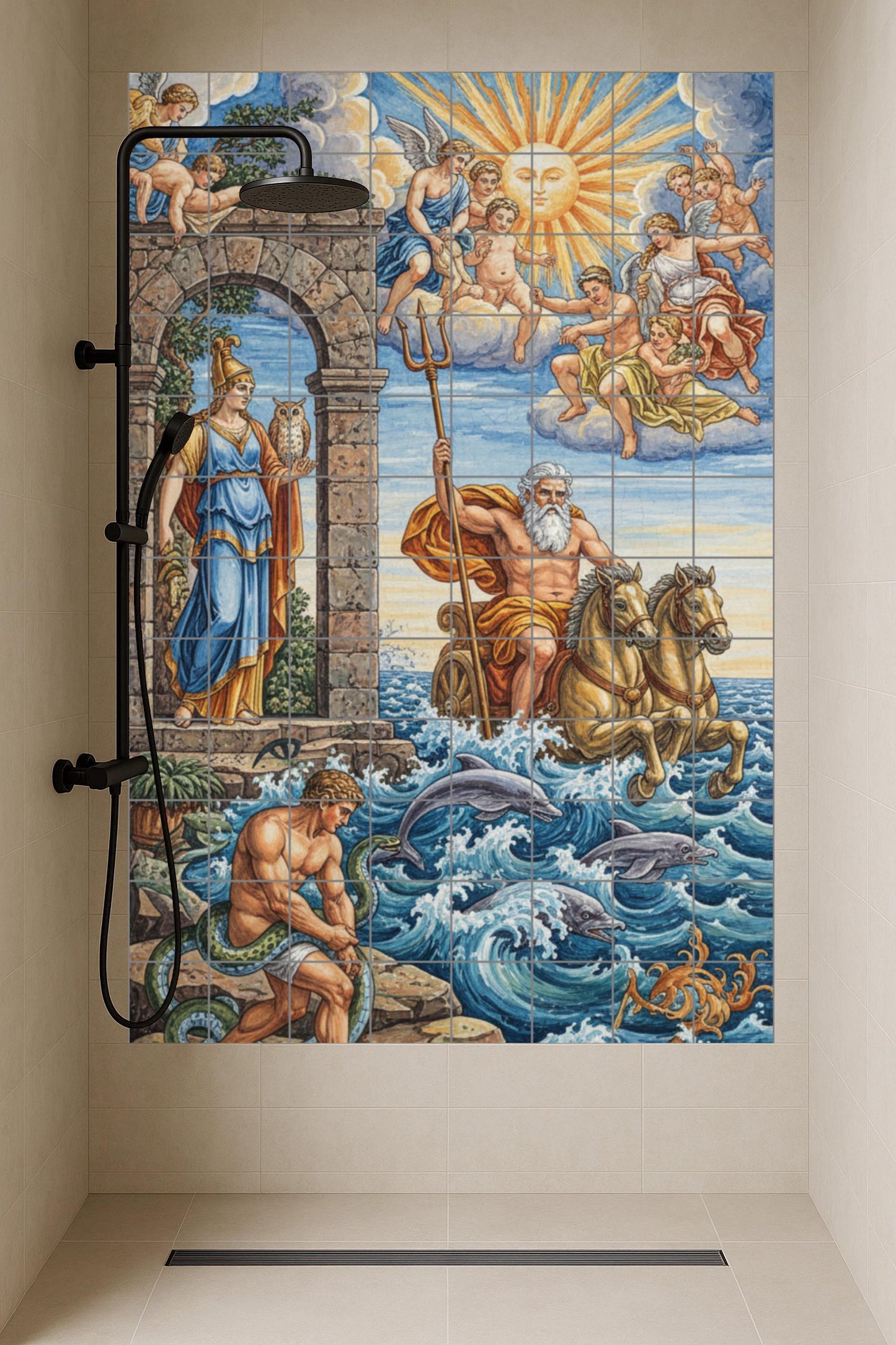 Poseidon and Athena: Greek mythological ceramic mural with dolphins, horses, angels and a divine sky illuminated by the sun.
