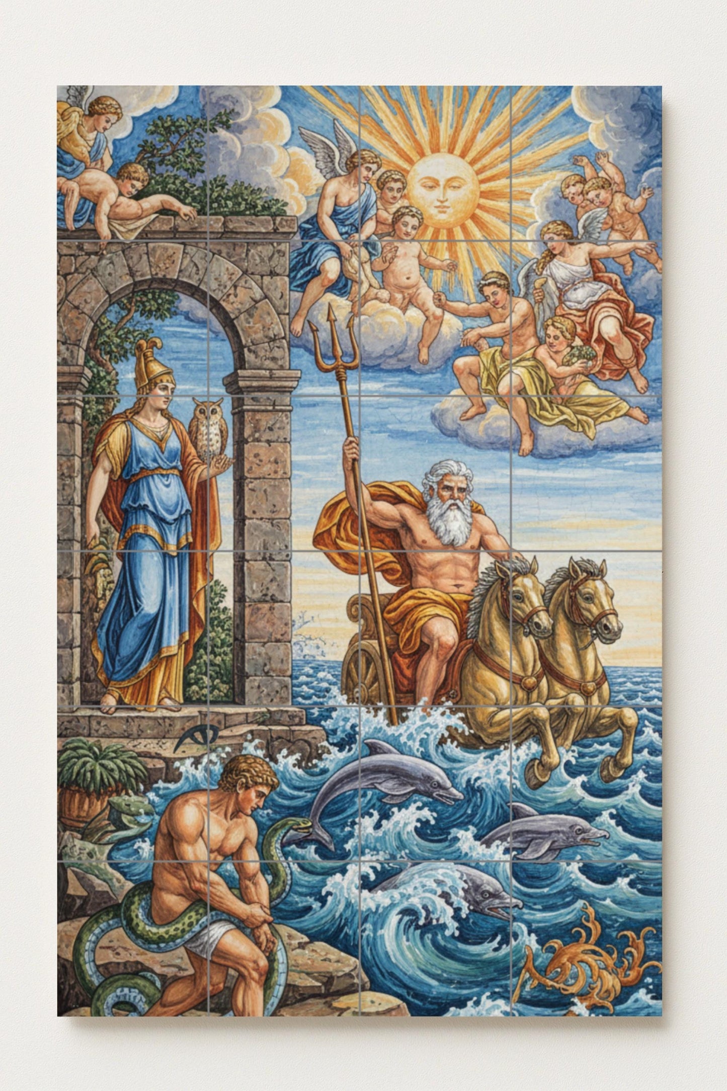 Poseidon and Athena: Greek mythological ceramic mural with dolphins, horses, angels and a divine sky illuminated by the sun.