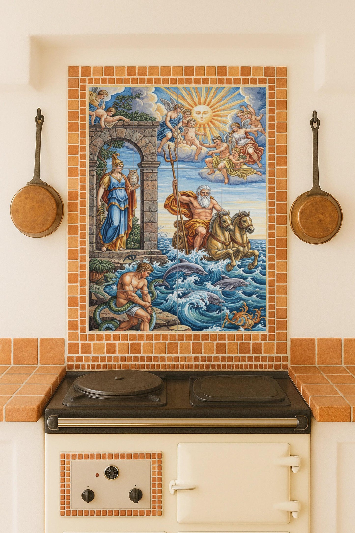 Poseidon and Athena: Greek mythological ceramic mural with dolphins, horses, angels and a divine sky illuminated by the sun.