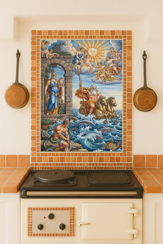 Poseidon and Athena: Greek mythological ceramic mural with dolphins, horses, angels and a divine sky illuminated by the sun.