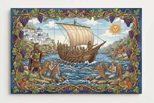 Odysseus and the Sirens: Greek mythological ceramic mural with ship, cyclops, Aegean coast and heroic adventure scene.
