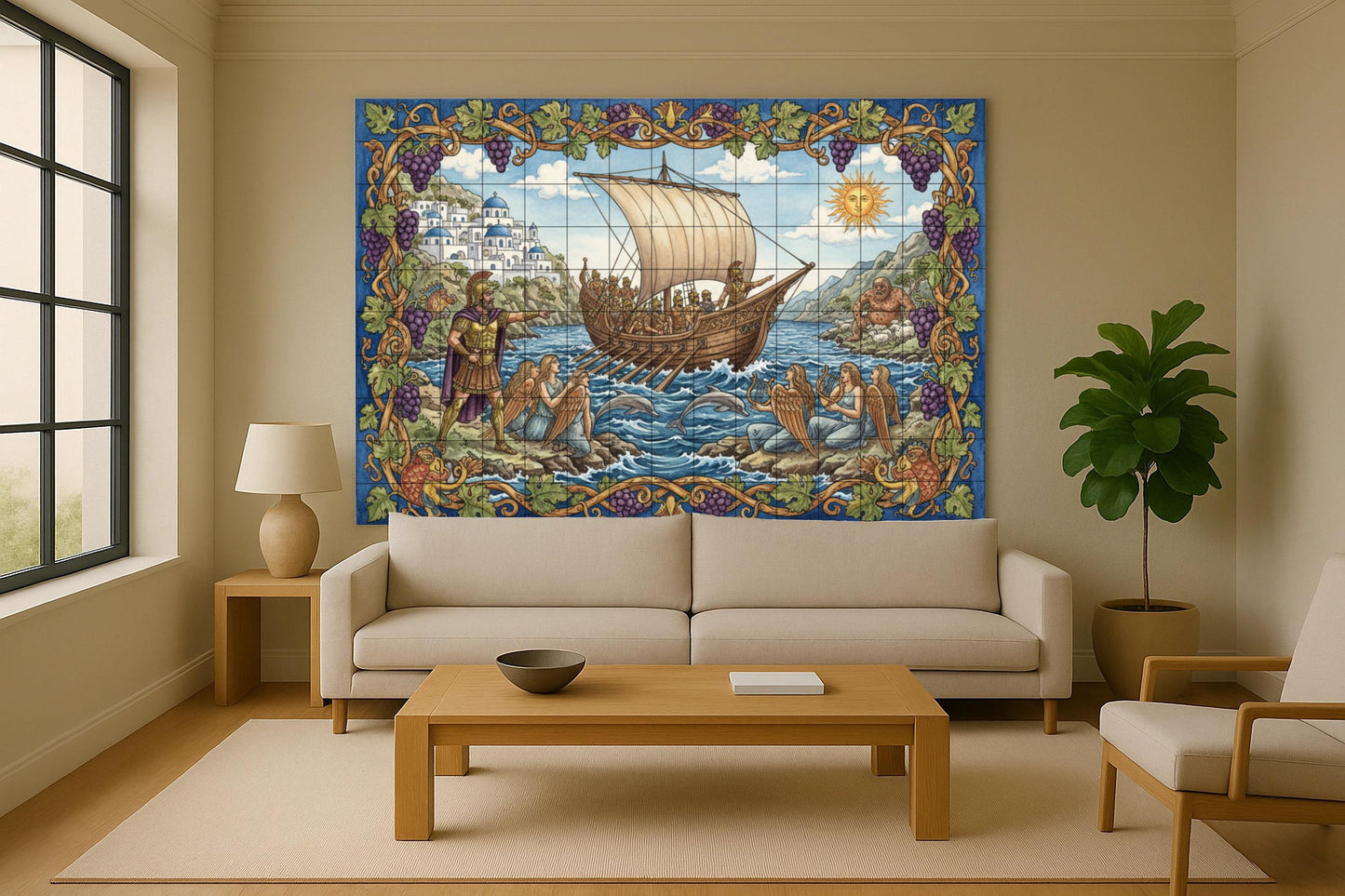 Odysseus and the Sirens: Greek mythological ceramic mural with ship, cyclops, Aegean coast and heroic adventure scene.