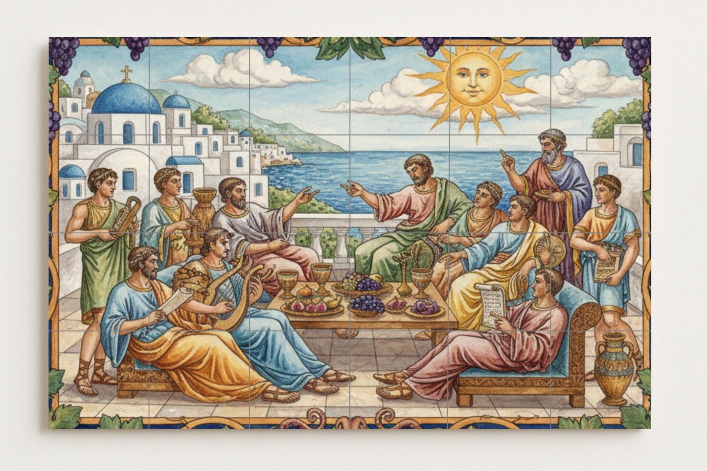 Banquet of the Philosophers: Classical Greek ceramic mural with musicians, scholars, Aegean landscape and a sunny terrace.