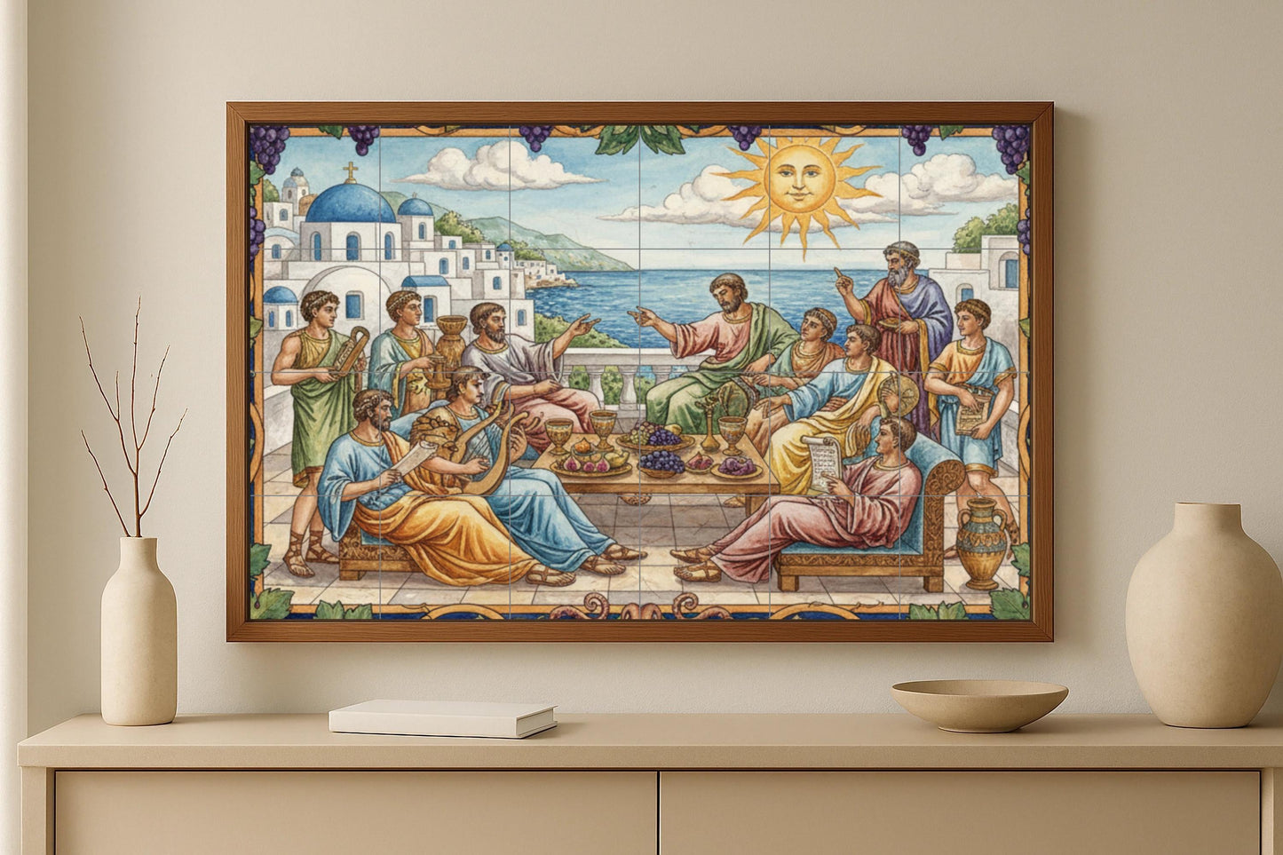 Banquet of the Philosophers: Classical Greek ceramic mural with musicians, scholars, Aegean landscape and a sunny terrace.