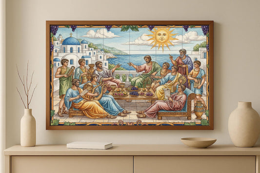 Banquet of the Philosophers: Classical Greek ceramic mural with musicians, scholars, Aegean landscape and a sunny terrace.