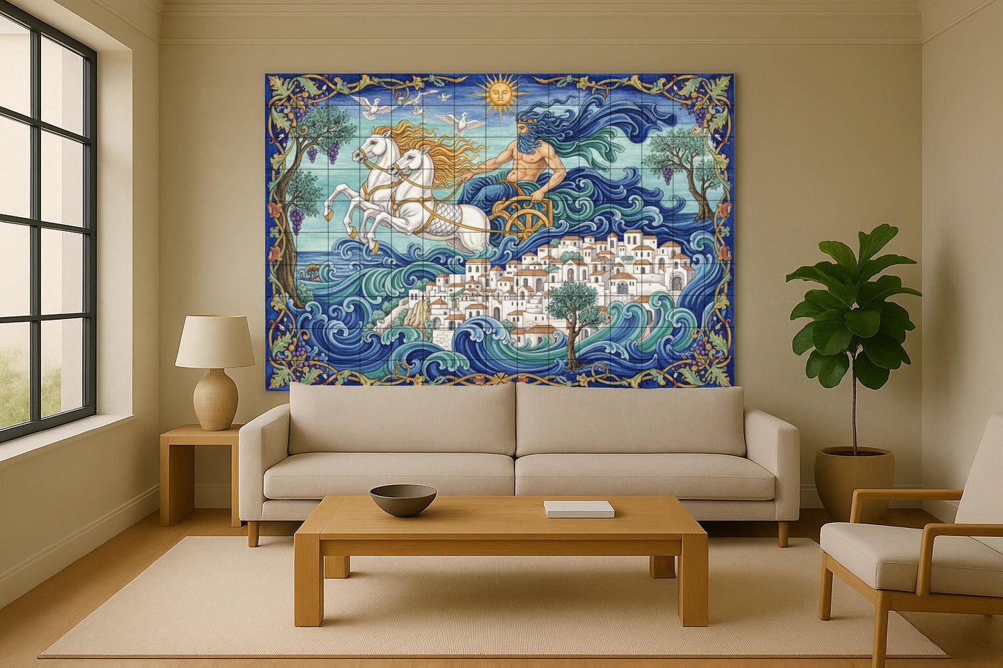 Poseidon's journey through the Aegean: mythological ceramic mural with white horses, Greek coastal city, olive trees and sunlit waves.