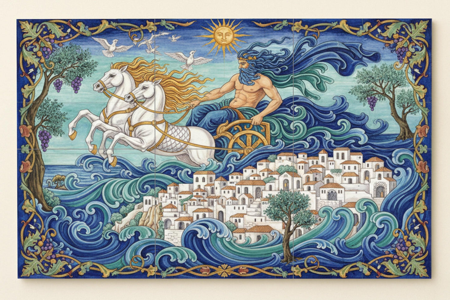 Poseidon's journey through the Aegean: mythological ceramic mural with white horses, Greek coastal city, olive trees and sunlit waves.