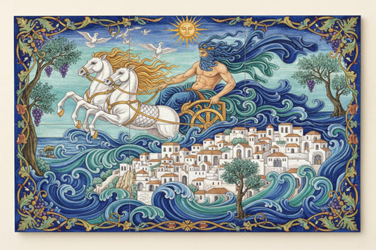 Poseidon's journey through the Aegean: mythological ceramic mural with white horses, Greek coastal city, olive trees and sunlit waves.