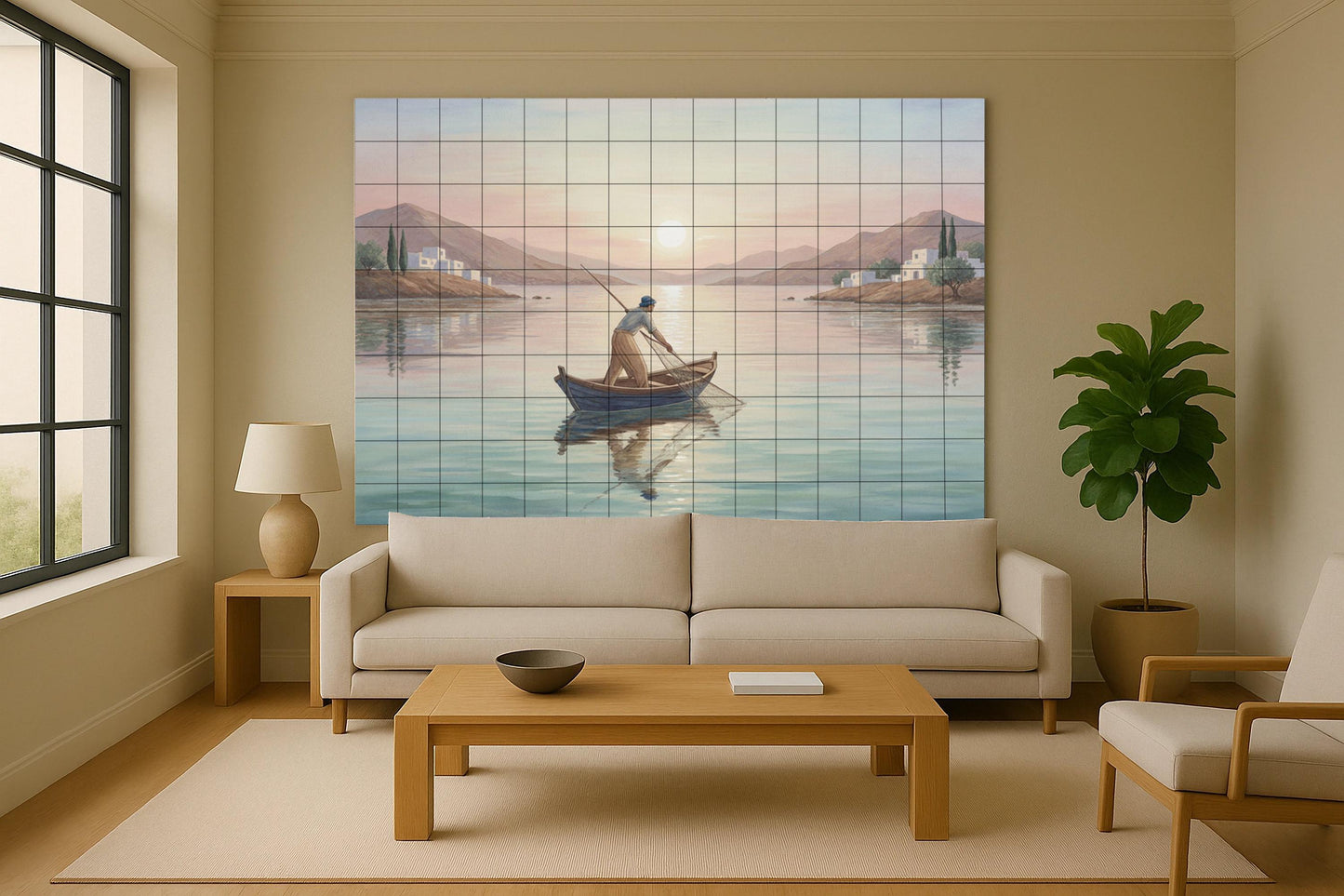 Fisherman at dawn: Mediterranean ceramic mural with serene sea, reflections of dawn, a Greek village and a tranquil coastal landscape.