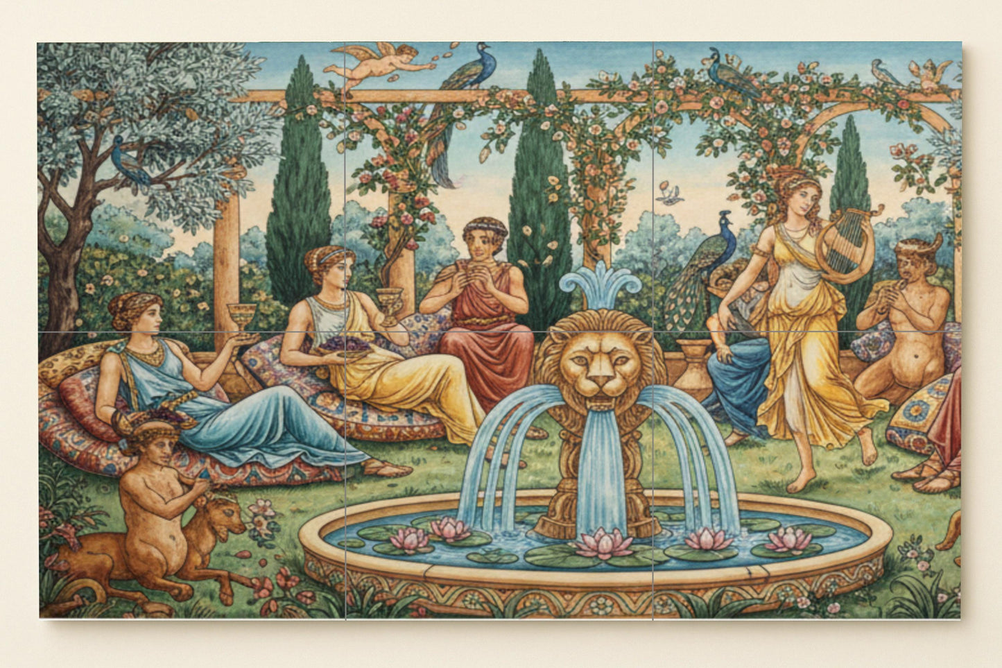 Garden of Dionysus: Ceramic mural of classical mythology with a fountain of lions, nymphs, peacocks and a lyrical banquet in bloom.