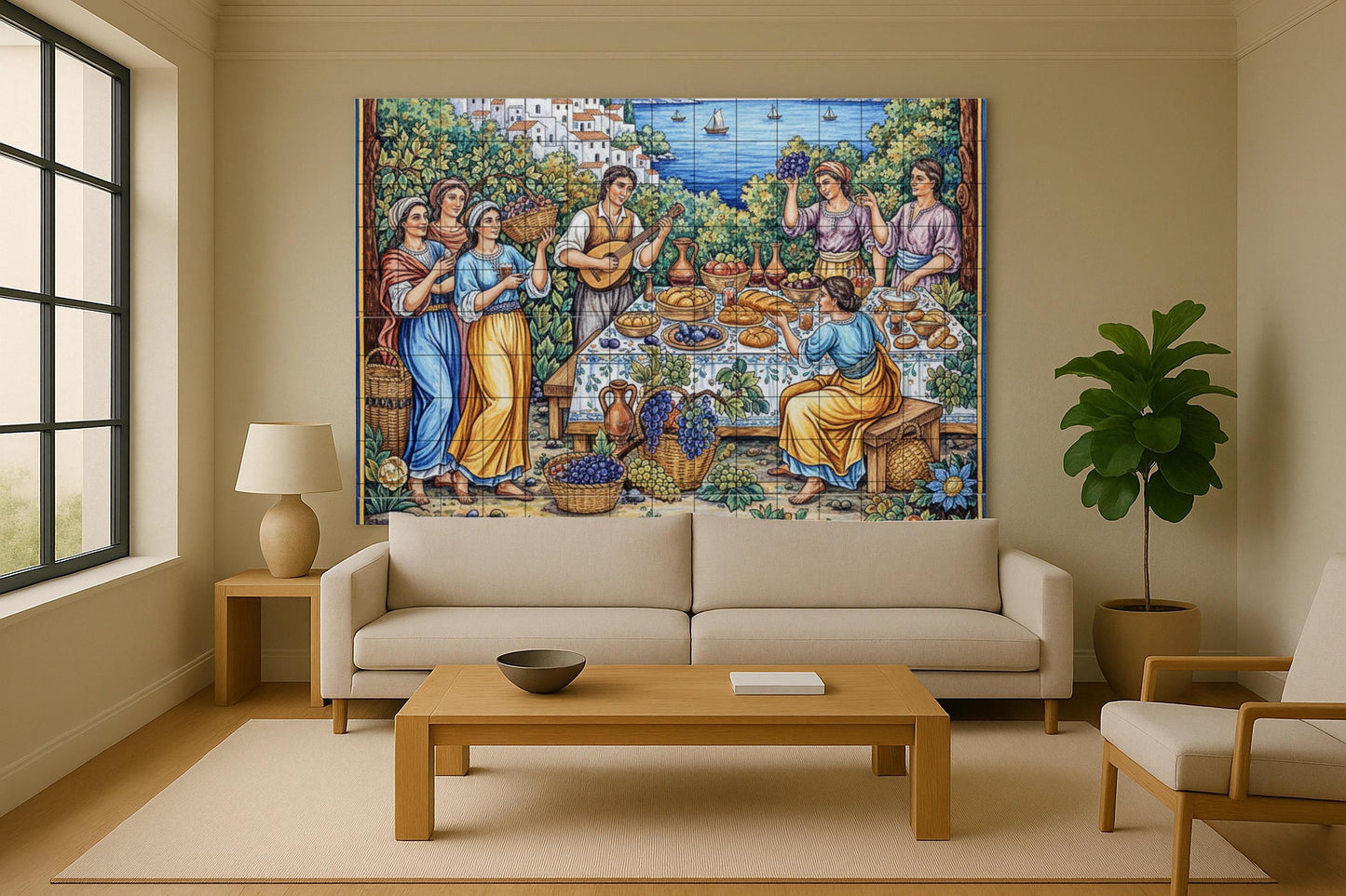 Mediterranean Festival – Ceramic Mural with Vineyard Gathering, Folk Musicians, Coastal Village and Table of Grapes and Bread