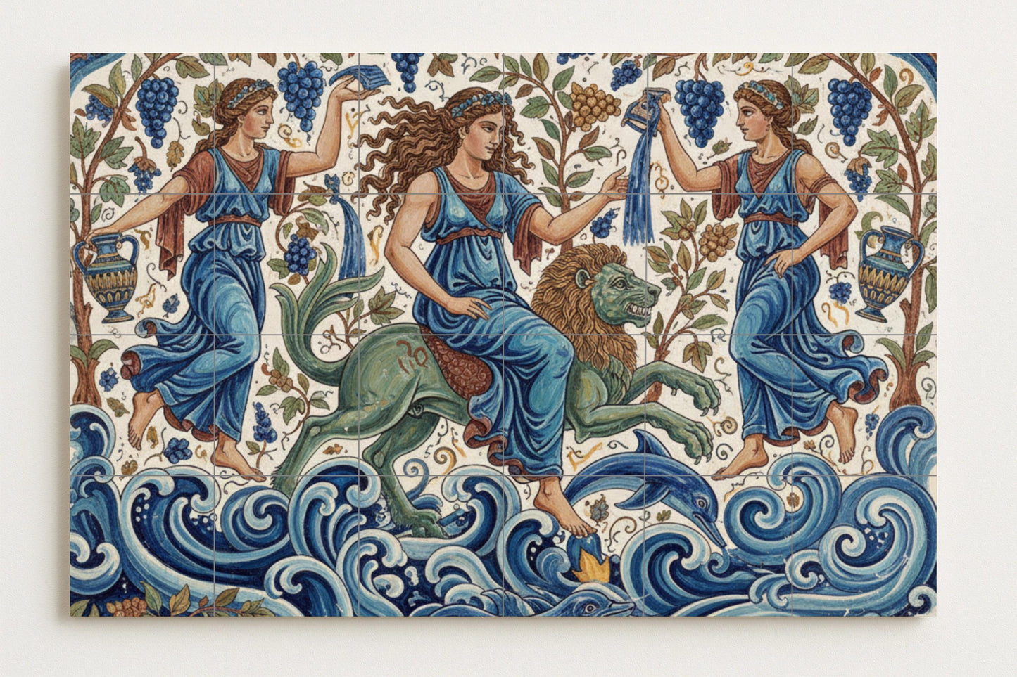 The Maenads of the Sea – Classic mythological ceramic mural with ocean waves, vines, dolphins and the lion of Dionysus