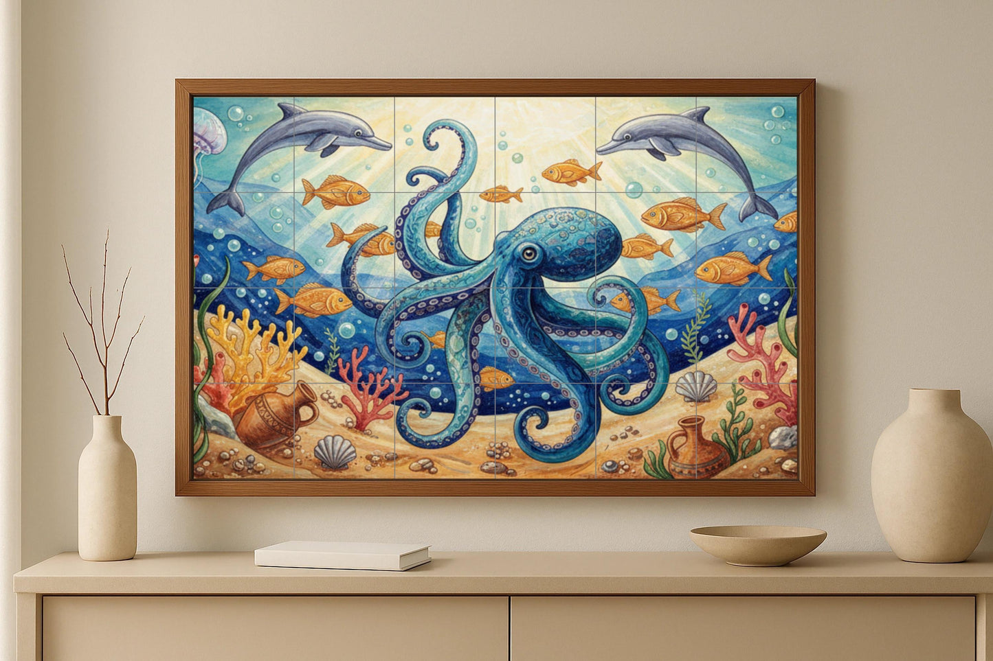 Octopuses and dolphins: Underwater ceramic mural with coral reef, goldfish, amphorae and marine life illuminated by the sun.