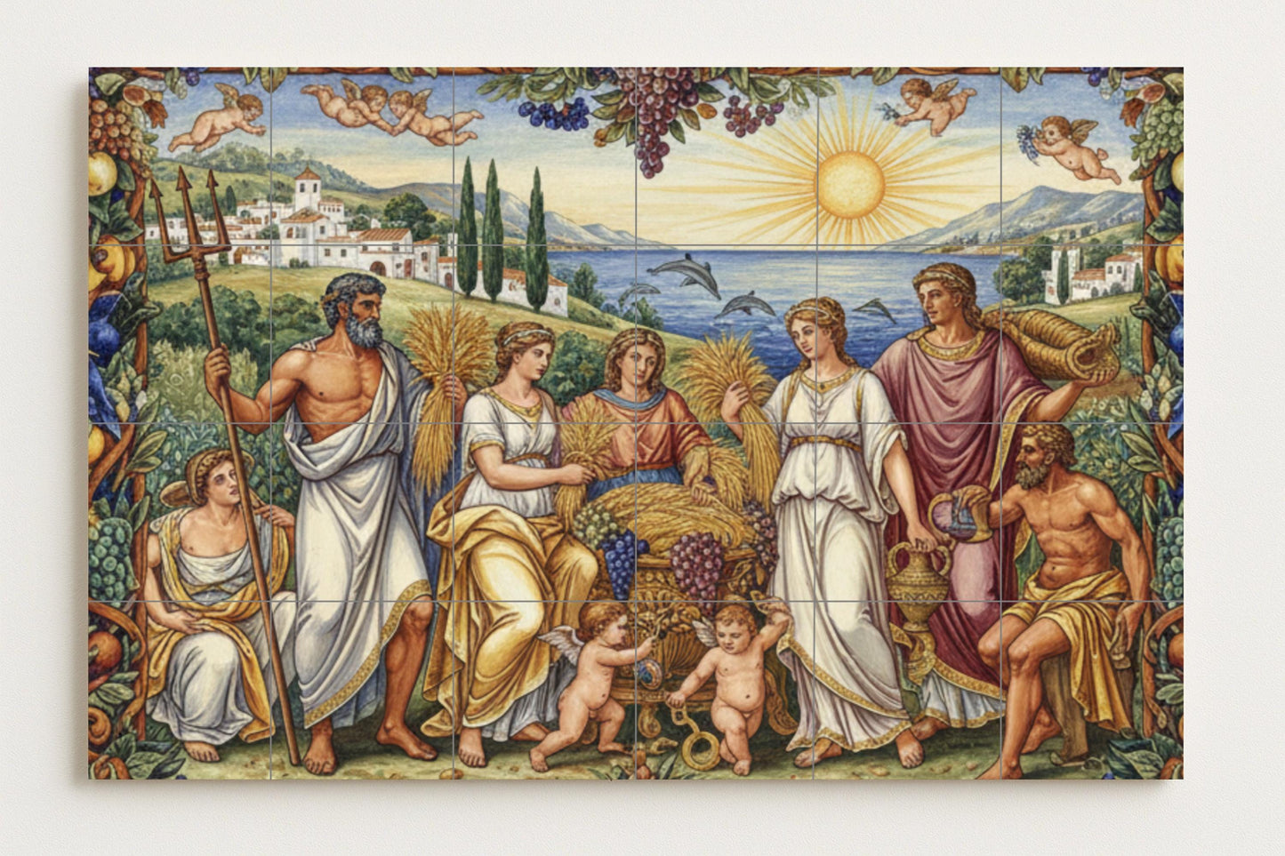Harvest of the Gods: Classic mythological ceramic mural with Demeter, Poseidon, Dionysus, cherubim and Mediterranean abundance.