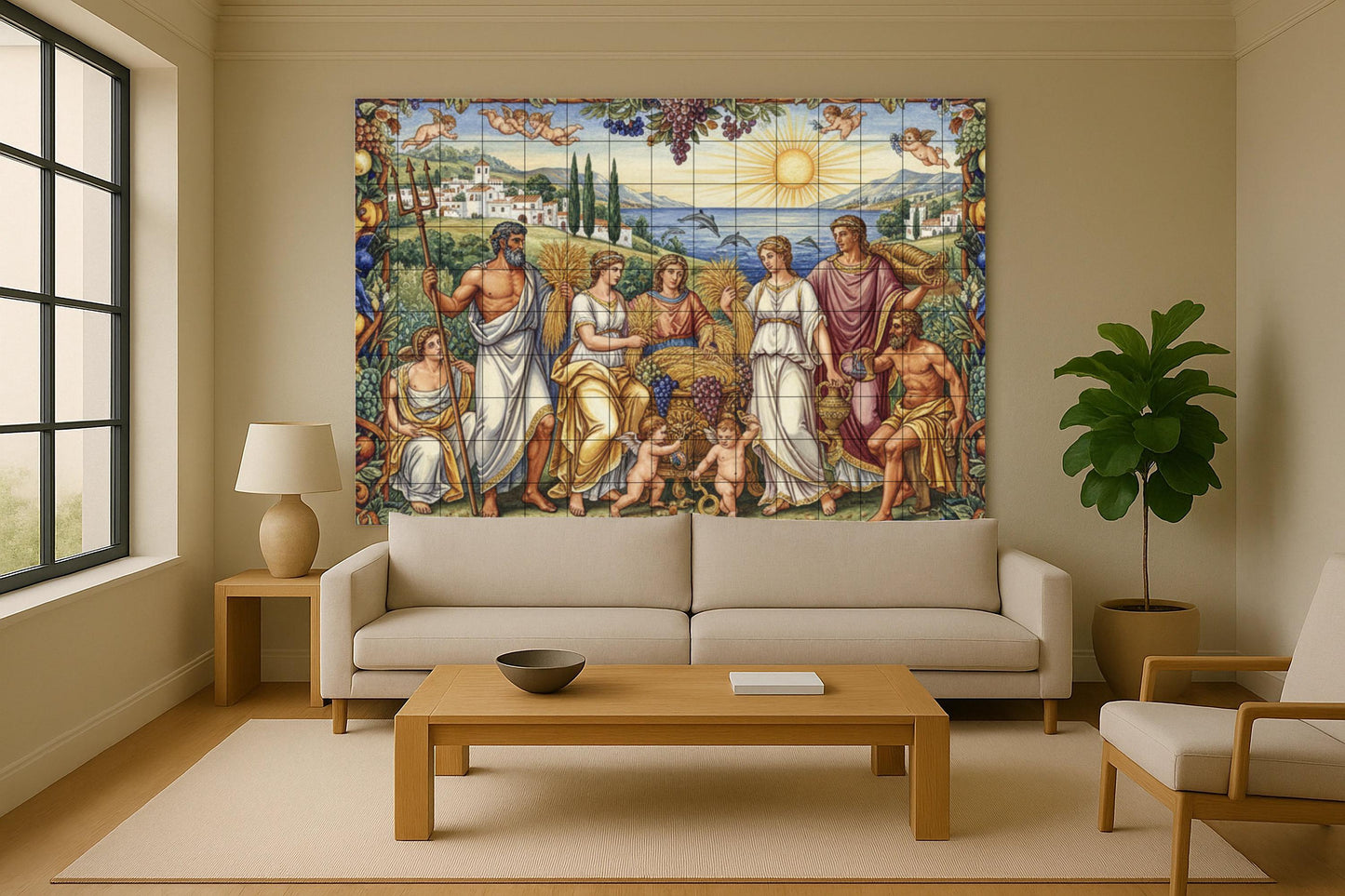 Harvest of the Gods: Classic mythological ceramic mural with Demeter, Poseidon, Dionysus, cherubim and Mediterranean abundance.